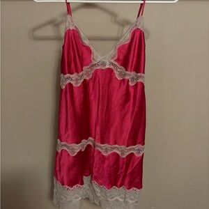 Sleeper Pink and White Satin Chemise with Lace Trim